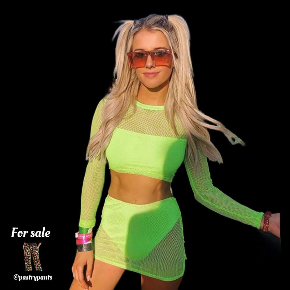2 pc Neon Green Fishnet Mesh Long Sleeve Crop Top And Mini Skirt sz XXS